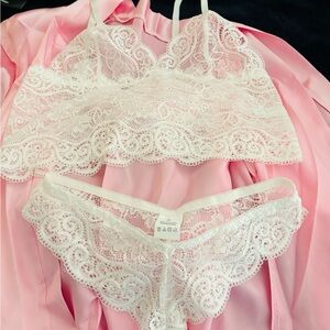 Pink & White Silk Satin Robe & Pajama Lingerie Set